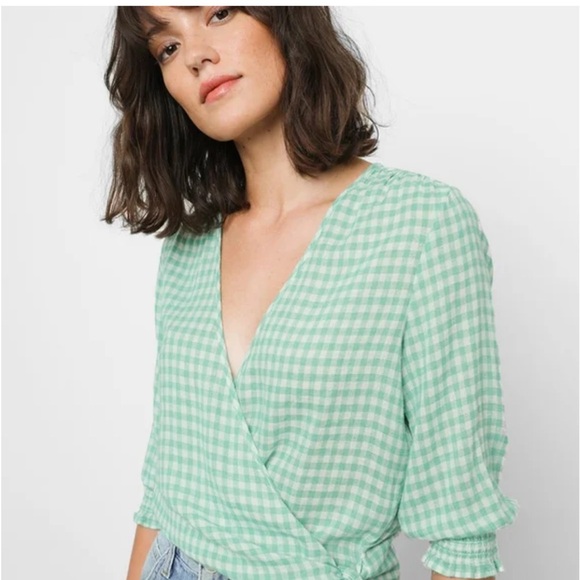 Rails Tops - RAILS Raquel Linen Blend Wrap Top In Green Gingham Size Small‎